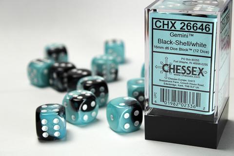 Chessex Gemini 16mm W6x12 Dice black-shell / white