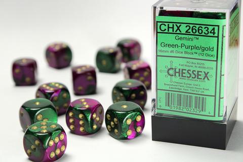 Chessex Gemini 16mm W6x12 Dice green-purple / gold