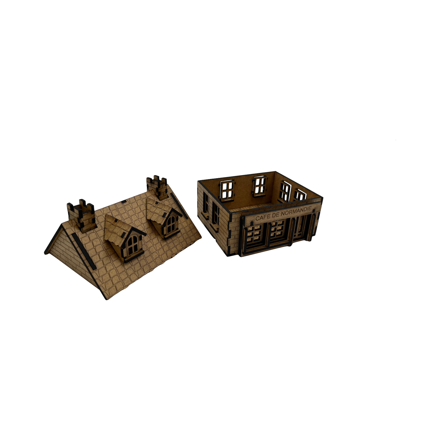 Haus Cafe de Normandie mit Mauer / 28mm aus MDF 3mm / Wargaming Laser Cut