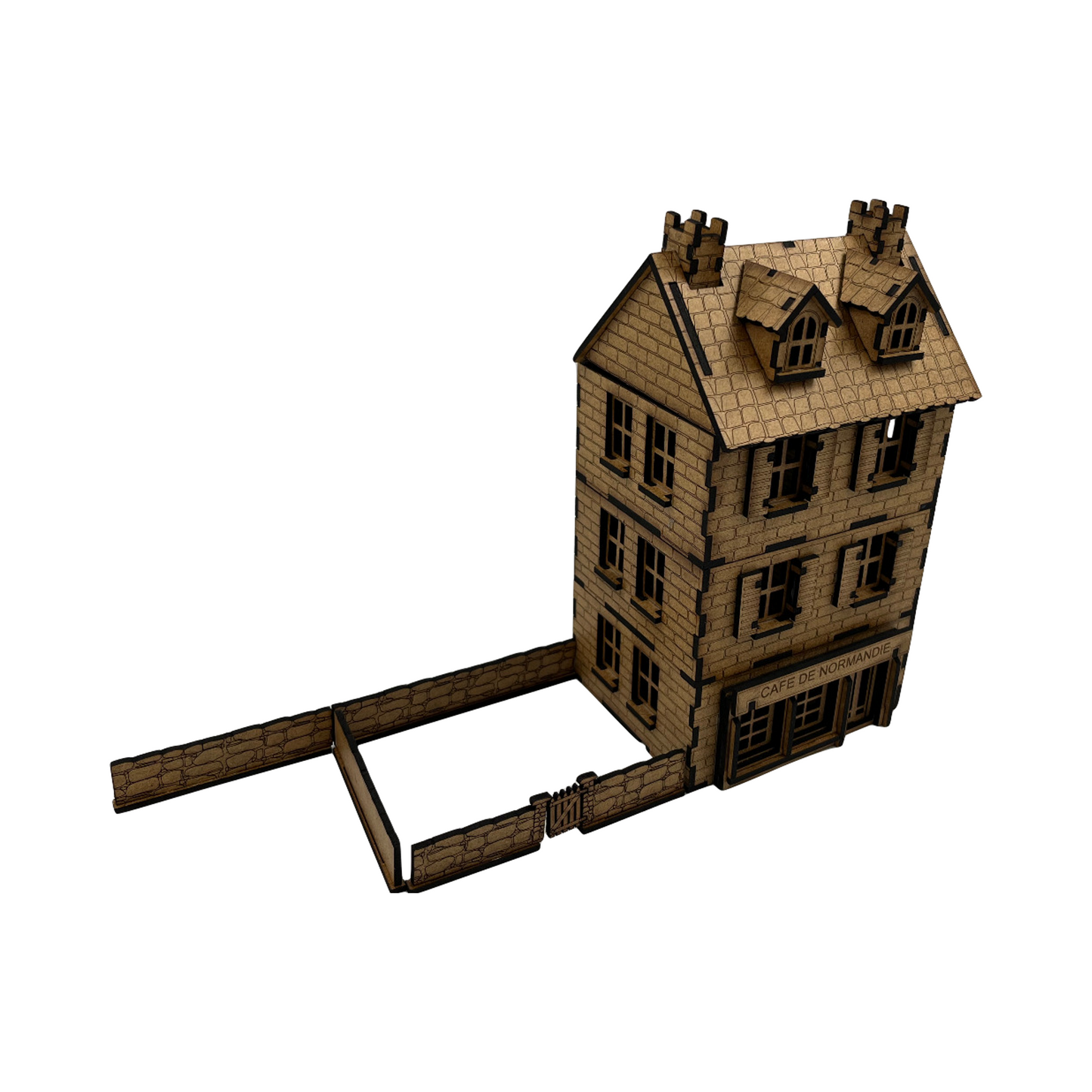 Haus Cafe de Normandie mit Mauer / 28mm aus MDF 3mm / Wargaming Laser Cut