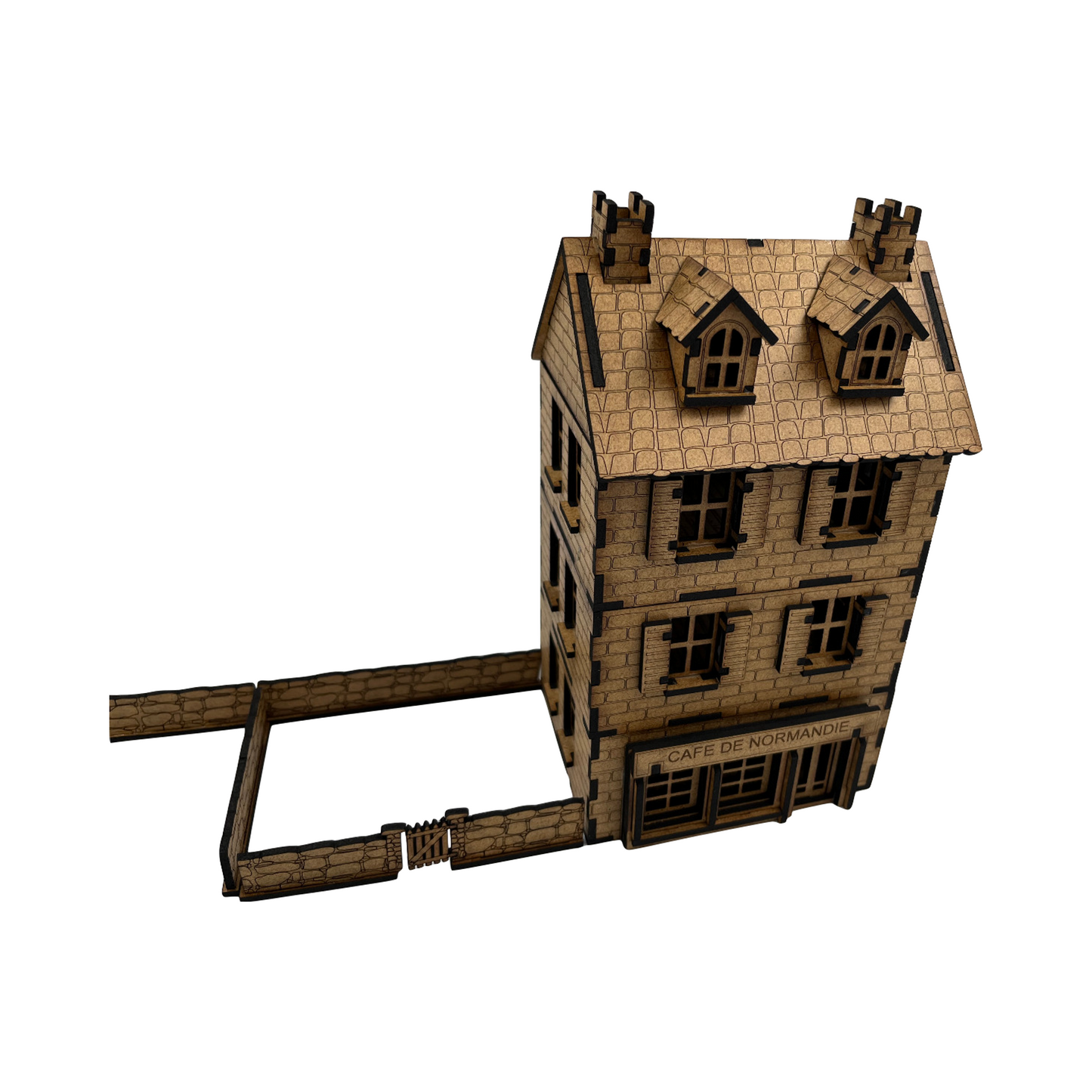 Haus Cafe de Normandie mit Mauer / 28mm aus MDF 3mm / Wargaming Laser Cut