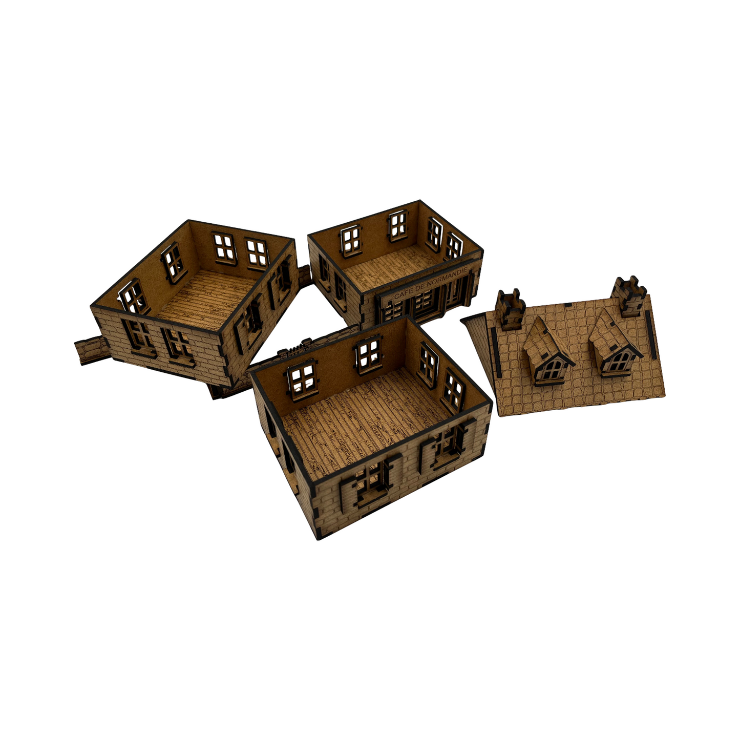 Haus Cafe de Normandie mit Mauer / 28mm aus MDF 3mm / Wargaming Laser Cut