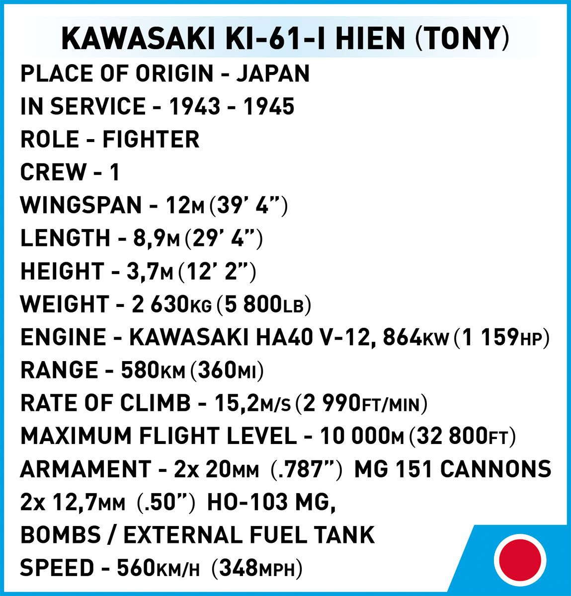 Cobi 5740 - Historical Collection - Kawasaki Ki-61-I Hien 'Tony'