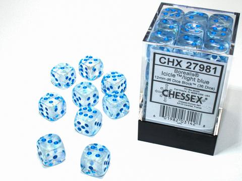 Chessex Gemini 12mm d6 Icicle/light blue Luminary Dice Block (36 dice)