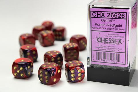 Chessex Gemini 16mm d6 with pips Dice Blocks (12 Dice) - Purple-Red w/gold