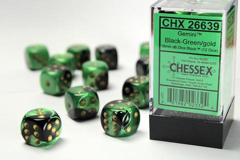 Chessex Gemini 16mm W6x12 Dice black-green / gold