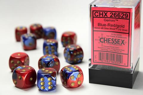 Chessex Gemini 16mm W6x12 Dice blue-red / gold