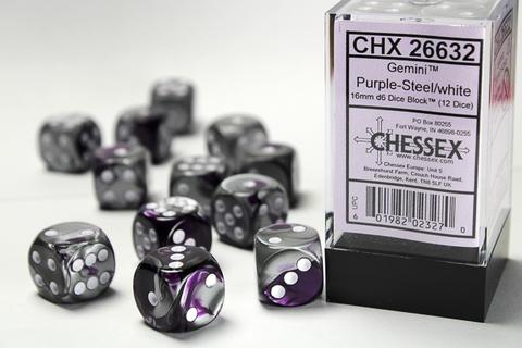 Chessex Gemini 16mm W6x12 Dice purple-steel / white