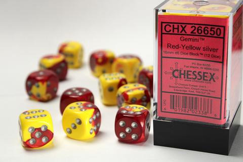 Chessex Gemini 16mm W6x12 Dice red-yellow / silver