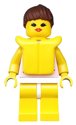 LEGO® Minifigur Town par010 - Red Dots on Pink Shirt - Yellow Legs, Brown Ponytail Hair, Life Jacket