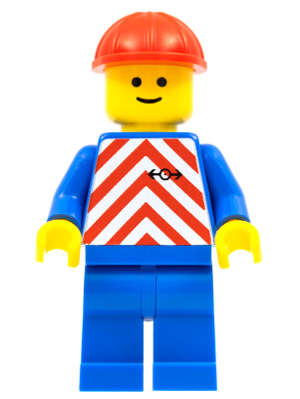 LEGO® Minifigur Train - trn049 Red & White Stripes - Blue Legs, Red Construction Helmet